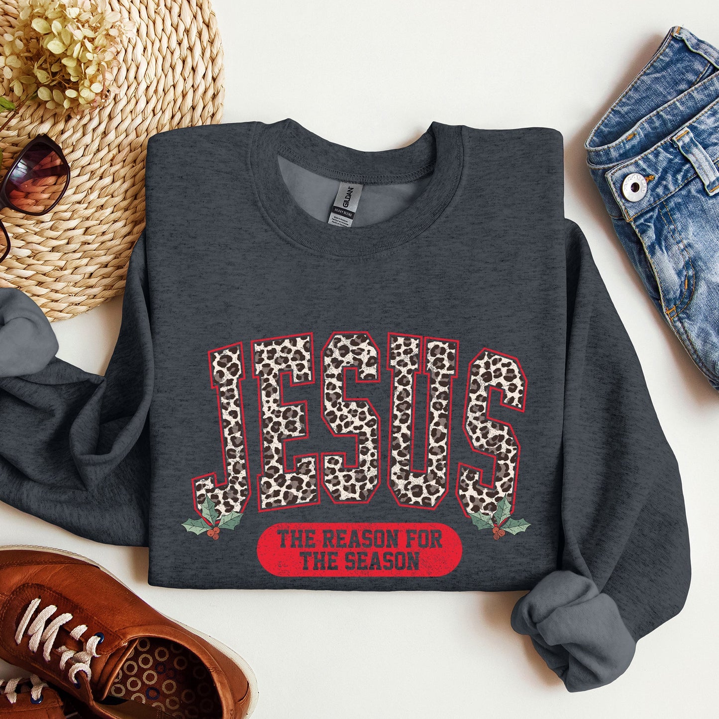 Jesus, Reason For The Season, Christmas, Religious, Christian, Leopard Print Sweatshirt