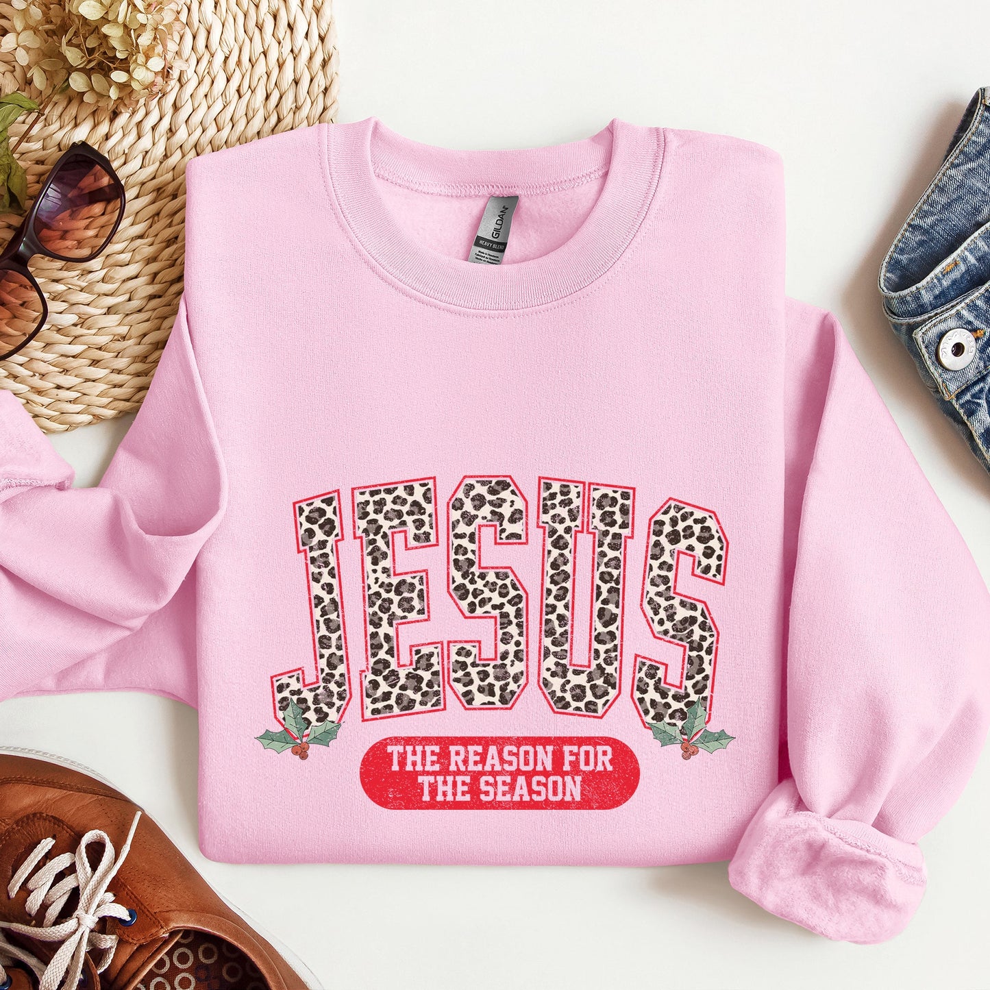 Jesus, Reason For The Season, Christmas, Religious, Christian, Leopard Print Sweatshirt