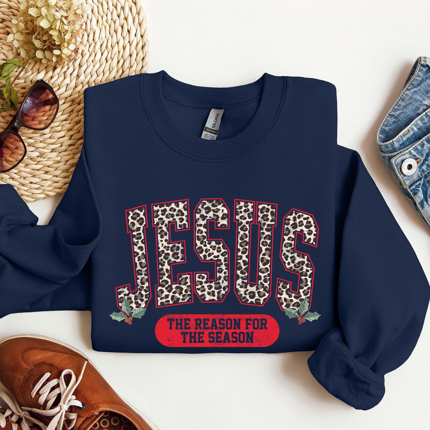 Jesus, Reason For The Season, Christmas, Religious, Christian, Leopard Print Sweatshirt