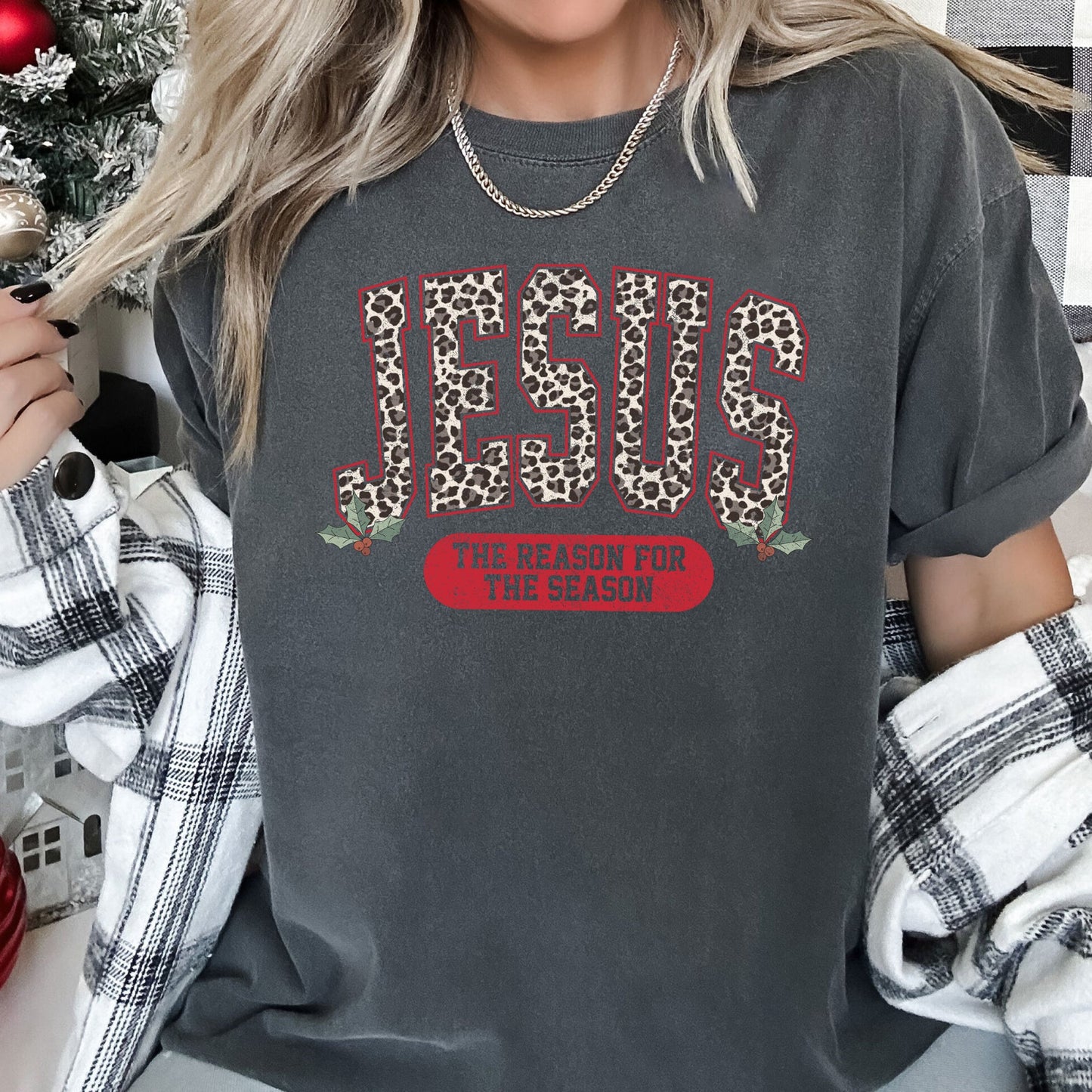 Jesus, Reason For The Season, Christmas, Religious, Christian, Leopard Print, Comfort Colors, Tshirt