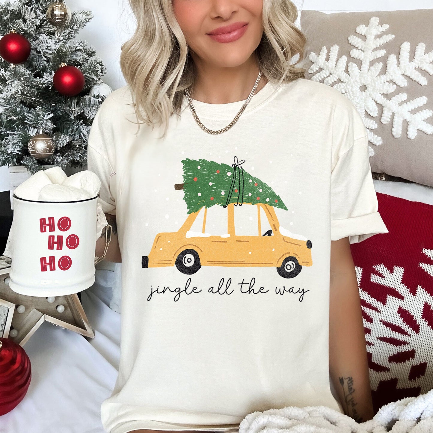 Jingle All The Way, Retro Car, Christmas Tree, Snow, Comfort Colors, Tshirt