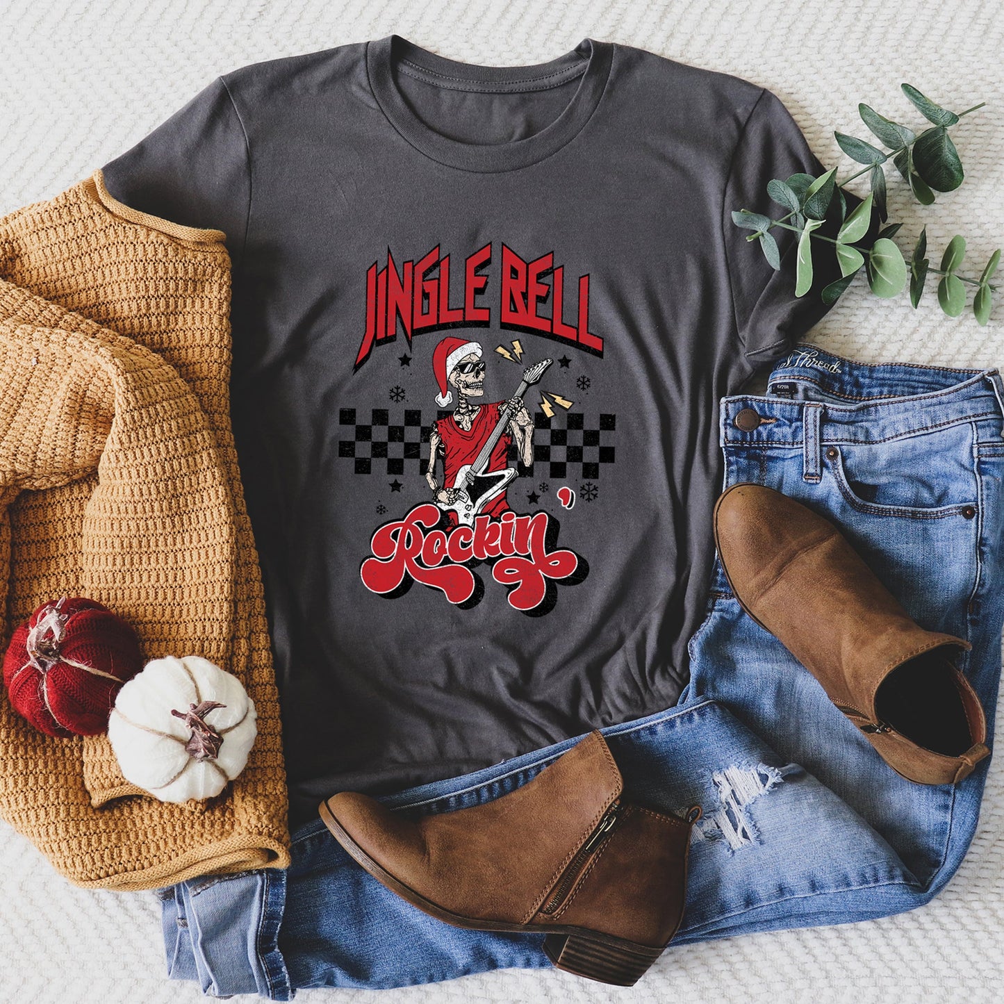 Jingle Bell Rocking, Skeleton, Rock Music, Retro Super Soft Tees