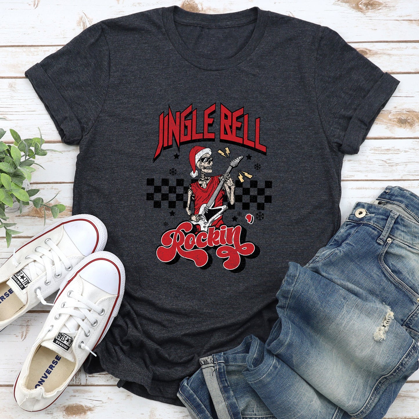Jingle Bell Rocking, Skeleton, Rock Music, Retro Super Soft Tees