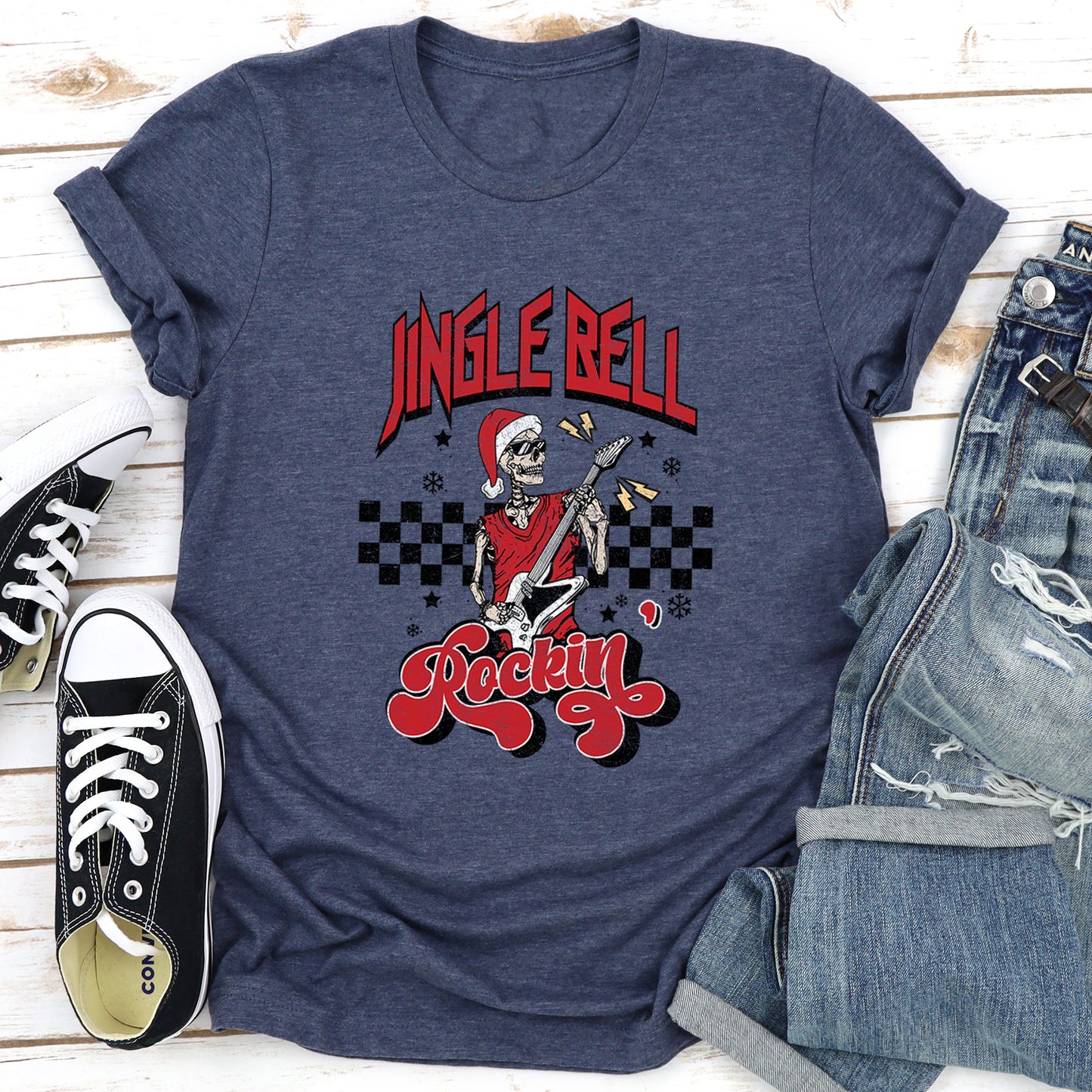 Jingle Bell Rocking, Skeleton, Rock Music, Retro Super Soft Tees