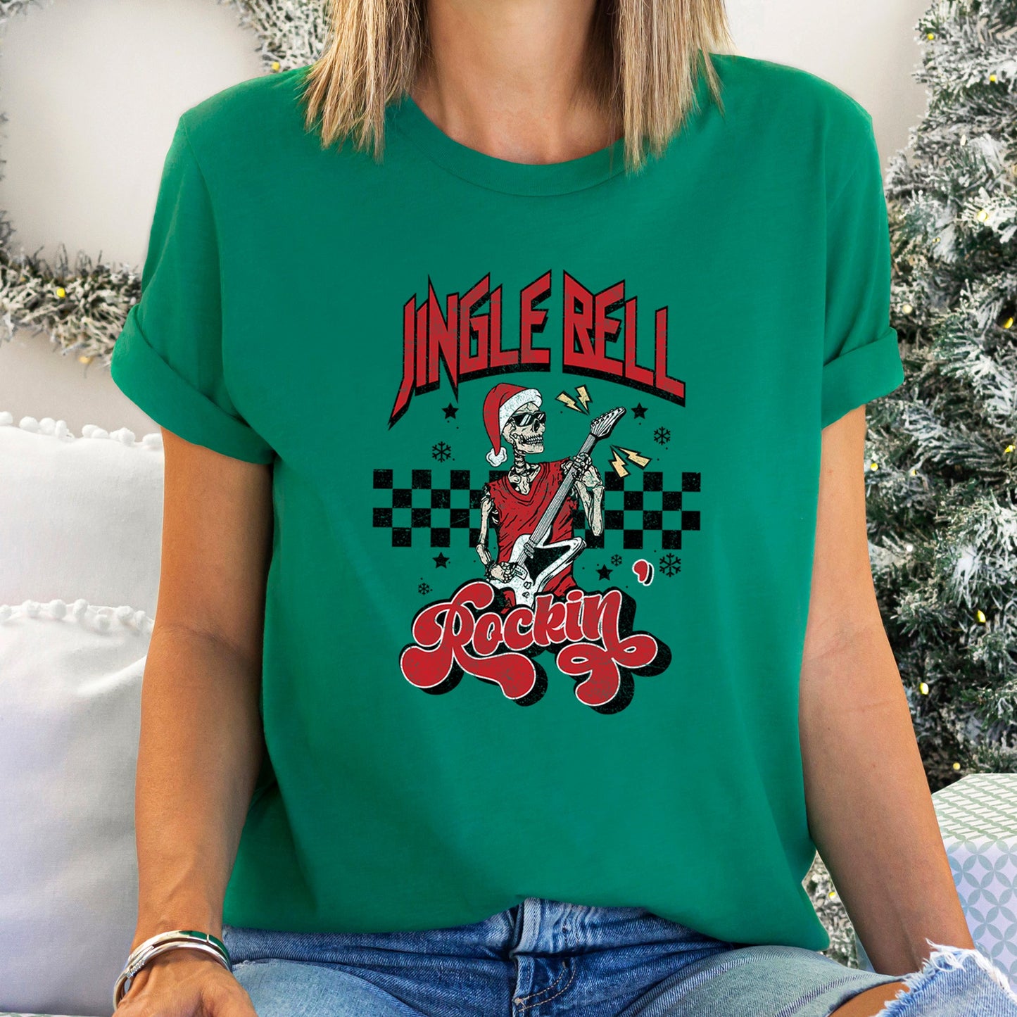 Jingle Bell Rocking, Skeleton, Rock Music, Retro Super Soft Tees