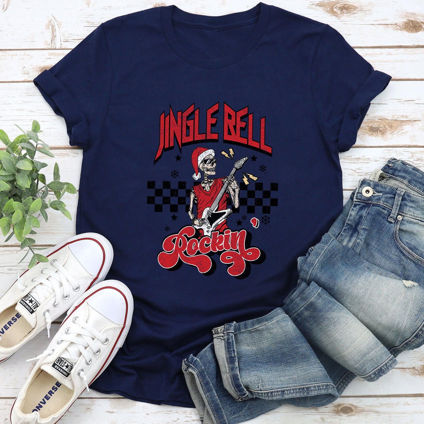 Jingle Bell Rocking, Skeleton, Rock Music, Retro Super Soft Tees