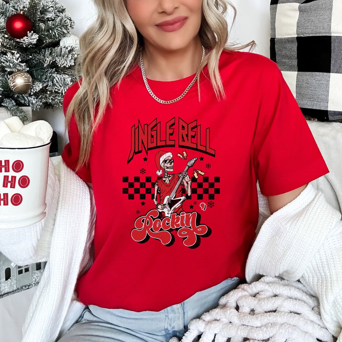 Jingle Bell Rocking, Skeleton, Rock Music, Retro Super Soft Tees