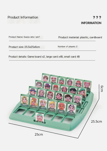Board game with character cards on a green tray, showing product details and dimensions.