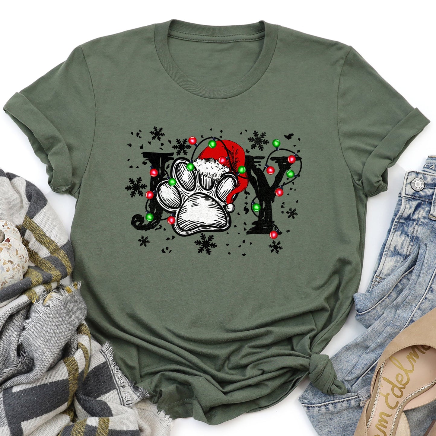 Joy, Christmas, Paw Print, Super Soft Tees