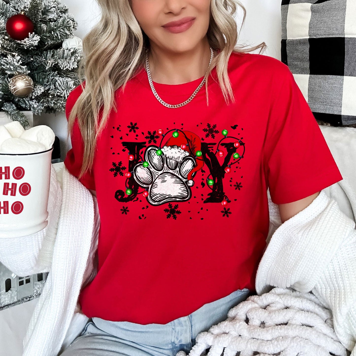 Joy, Christmas, Paw Print, Super Soft Tees