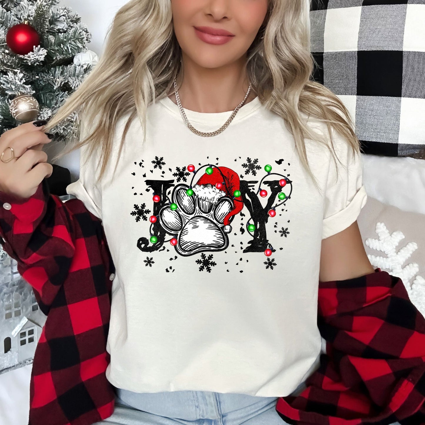 Joy, Christmas, Paw Print, Super Soft Tees