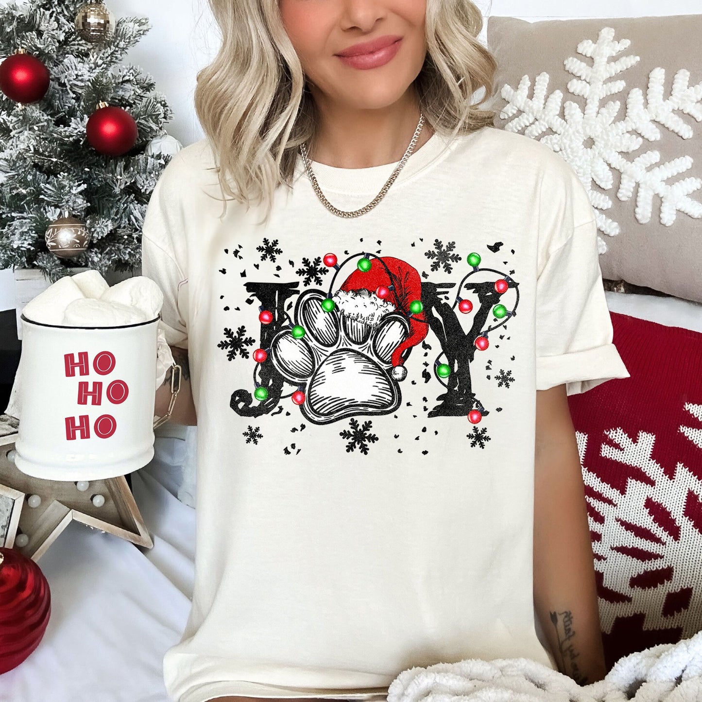 Joy, Dog Paw Print, Christmas, Comfort Colors, Tshirt
