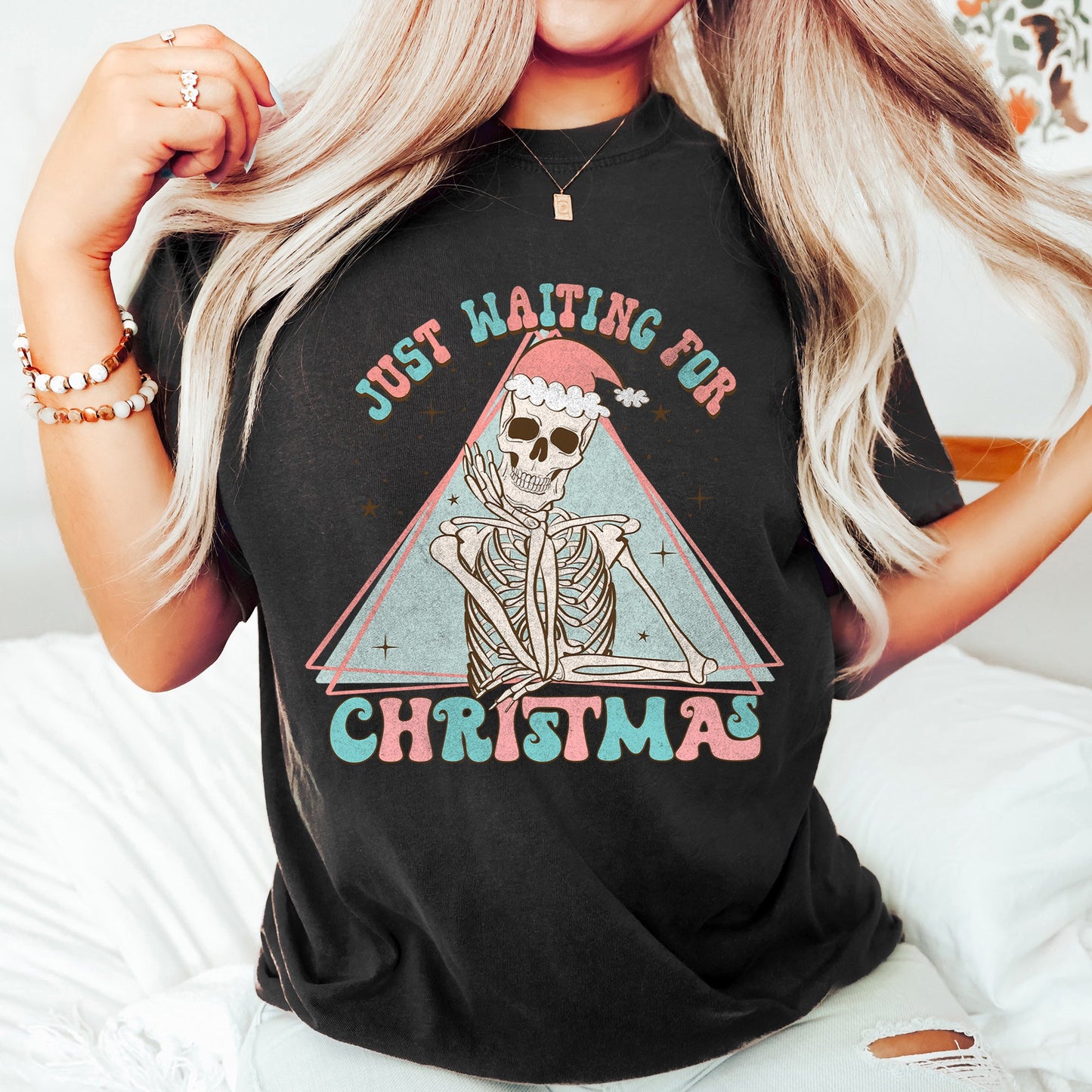 Just Waiting For Christmas, Skeleton, Retro, Classic, Comfort Colors, Tshirt