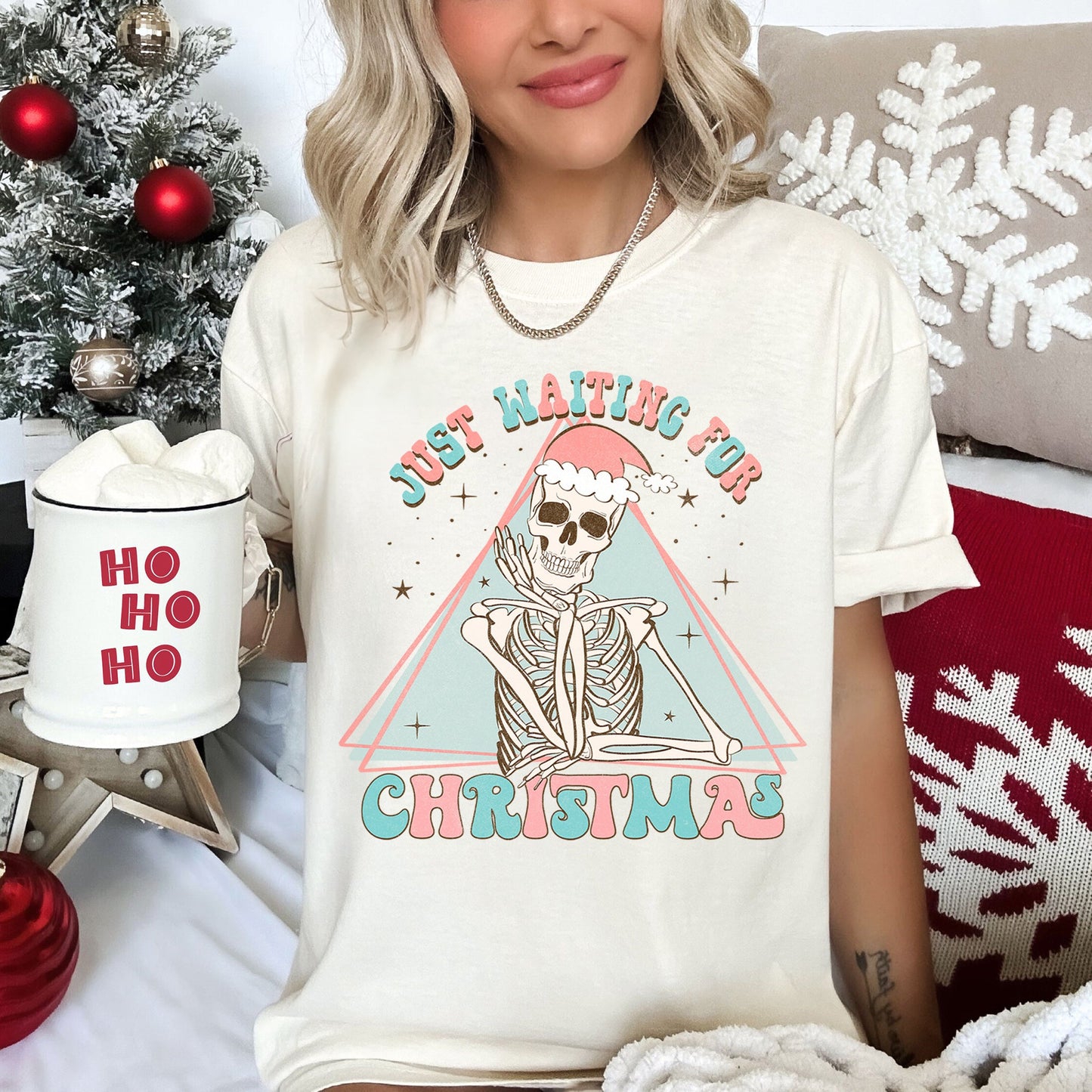 Just Waiting For Christmas, Skeleton, Retro, Classic, Comfort Colors, Tshirt