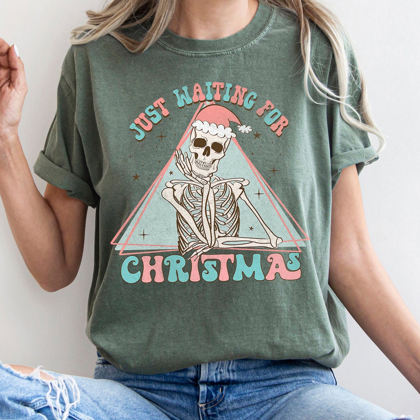 Just Waiting For Christmas, Skeleton, Retro, Classic, Comfort Colors, Tshirt