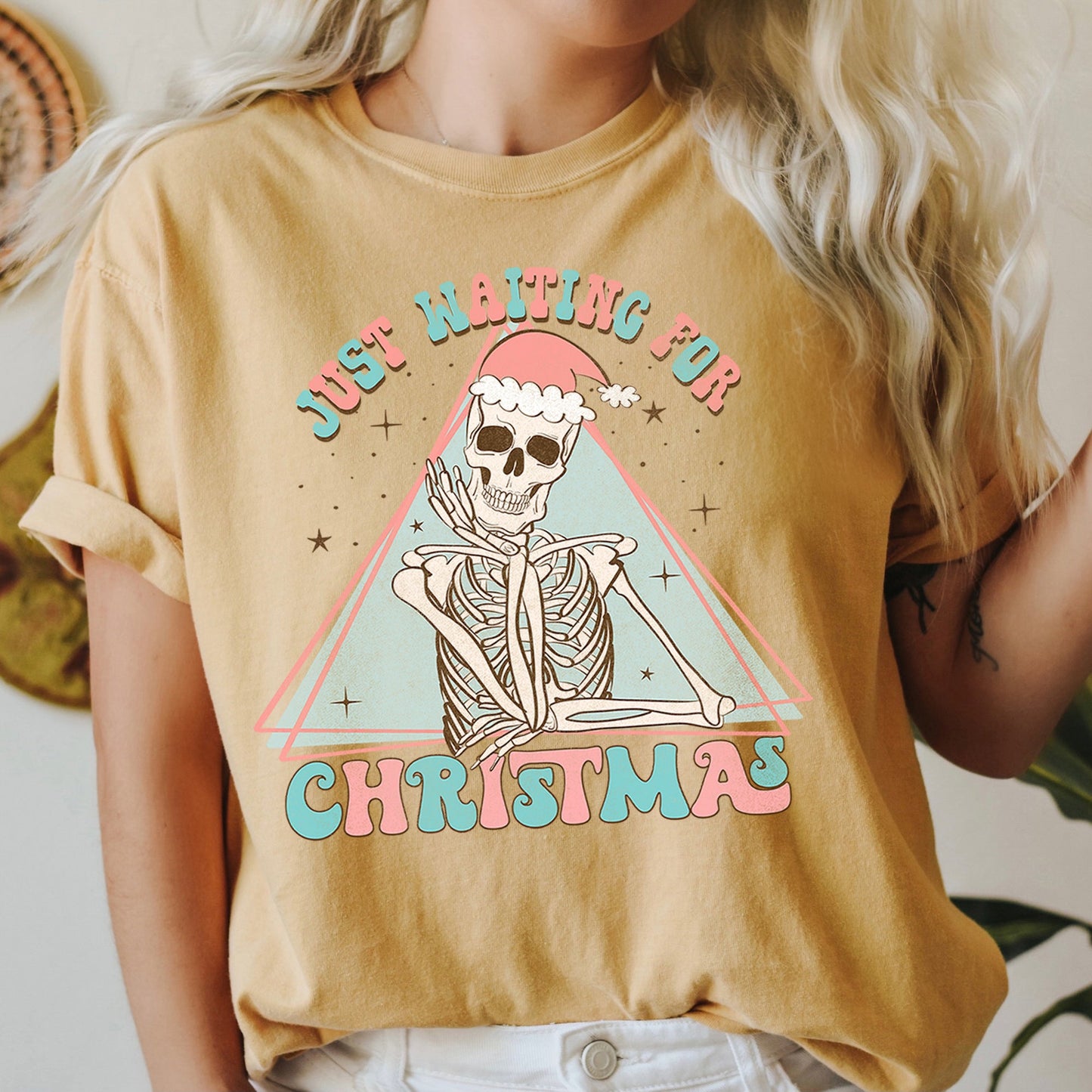 Just Waiting For Christmas, Skeleton, Retro, Classic, Comfort Colors, Tshirt