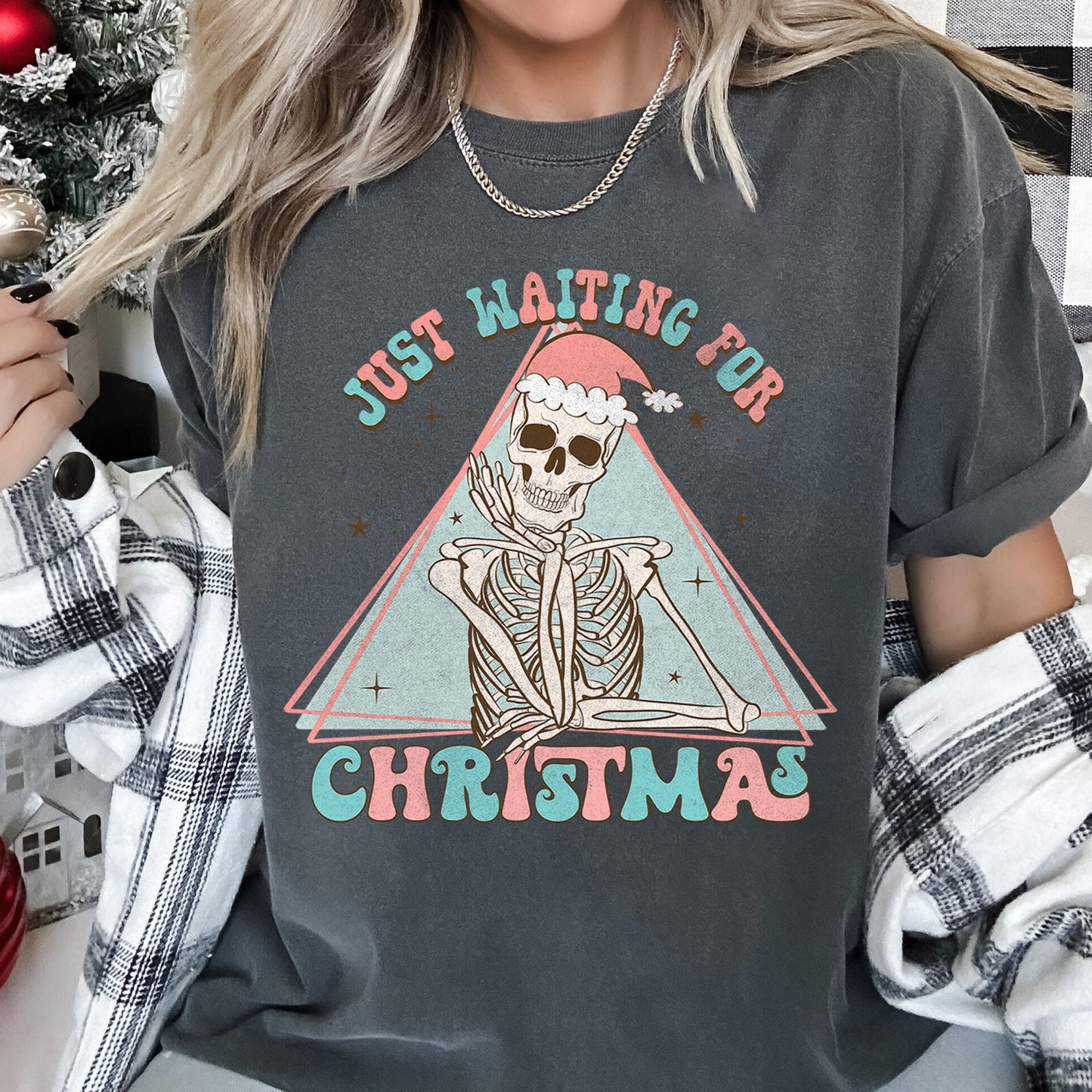 Just Waiting For Christmas, Skeleton, Retro, Classic, Comfort Colors, Tshirt