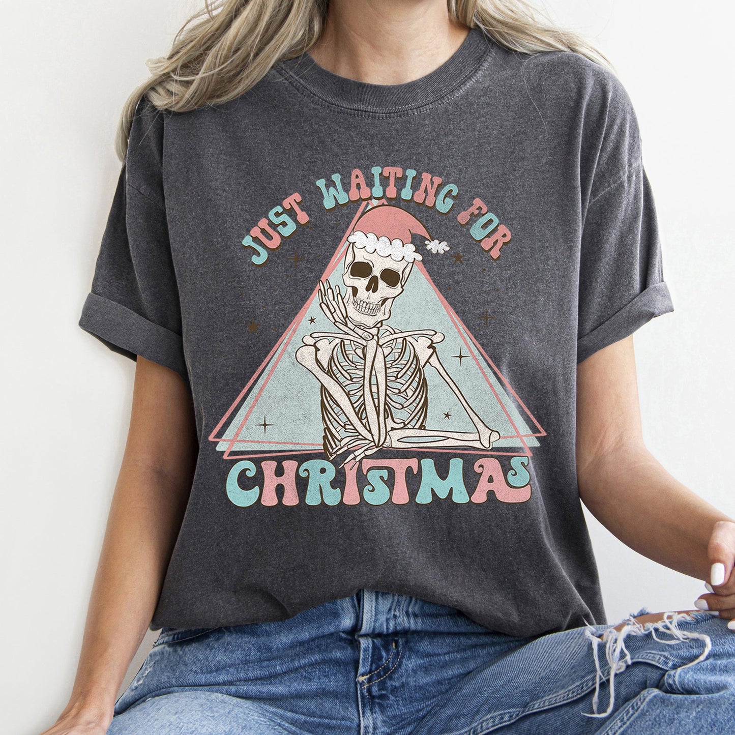 Just Waiting For Christmas, Skeleton, Retro, Classic, Comfort Colors, Tshirt