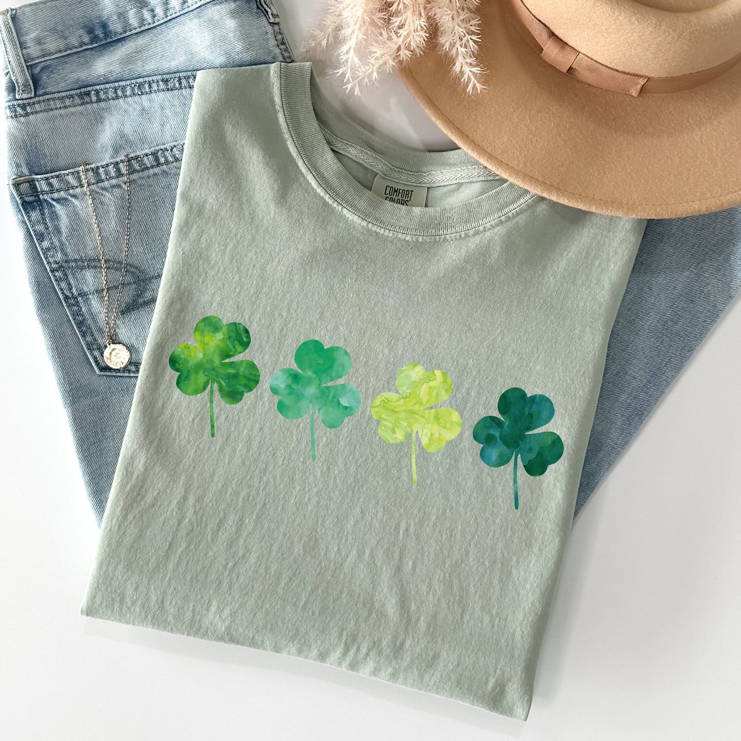 Watercolor Shamrocks In A Row, St Patrick's Day Comfort Colors Tshirt