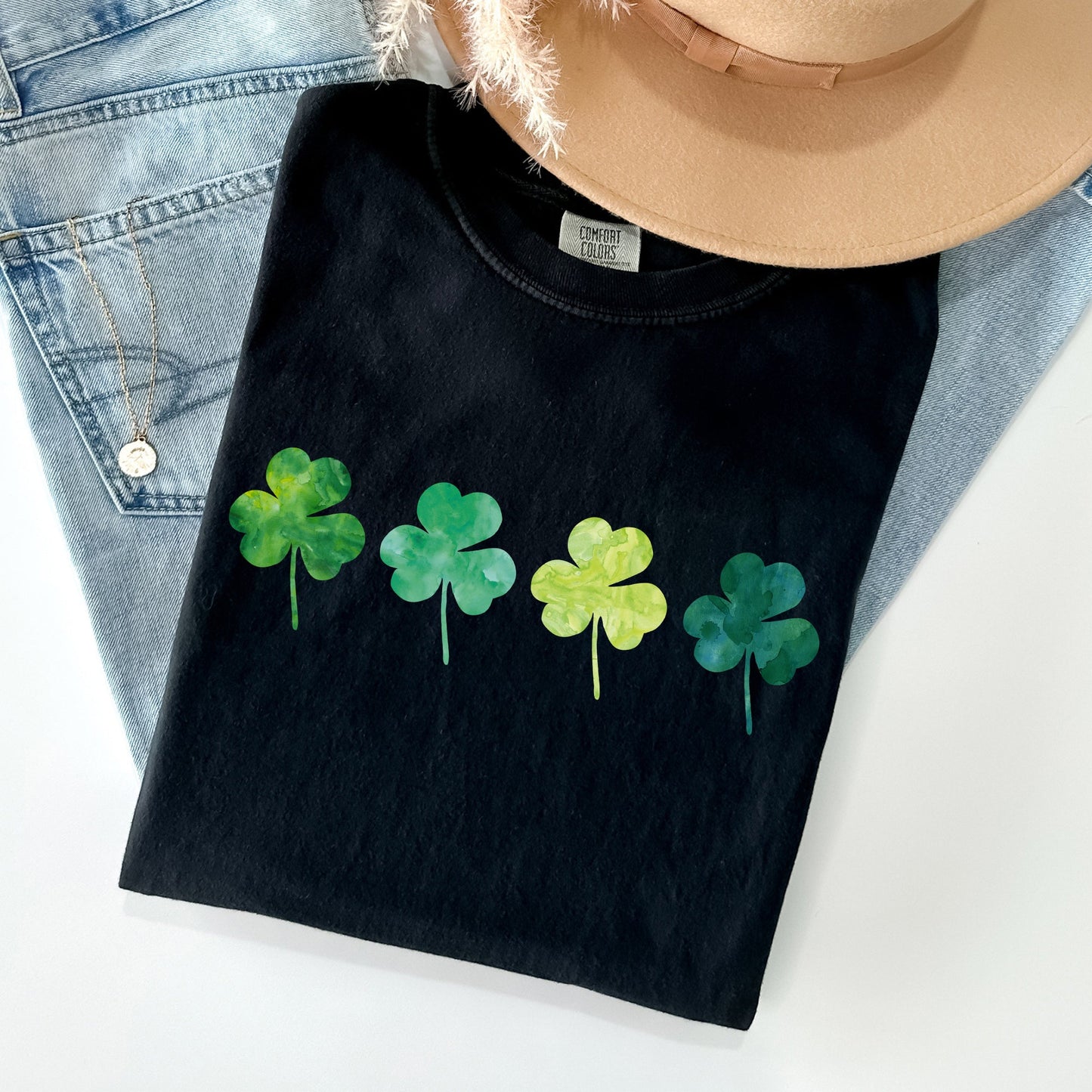 Watercolor Shamrocks In A Row, St Patrick's Day Comfort Colors Tshirt
