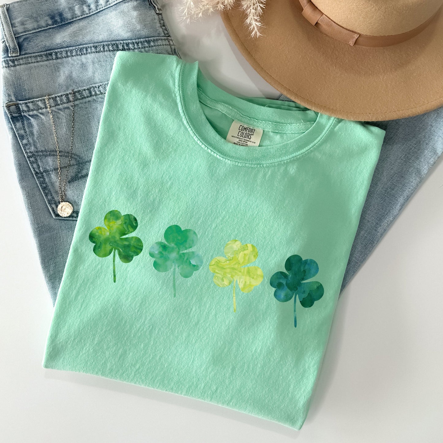 Watercolor Shamrocks In A Row, St Patrick's Day Comfort Colors Tshirt