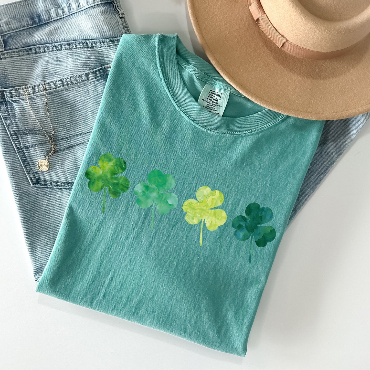 Watercolor Shamrocks In A Row, St Patrick's Day Comfort Colors Tshirt