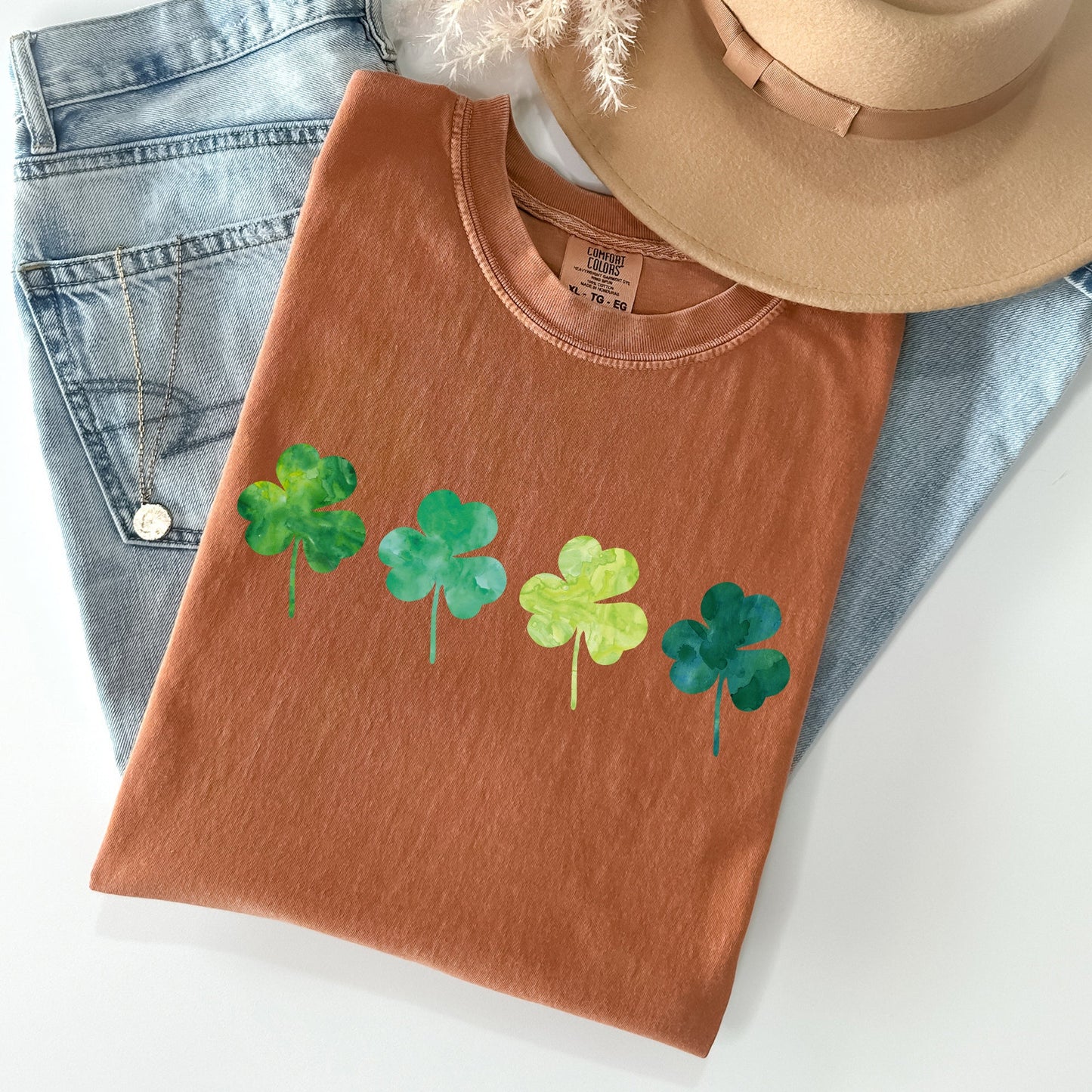 Watercolor Shamrocks In A Row, St Patrick's Day Comfort Colors Tshirt