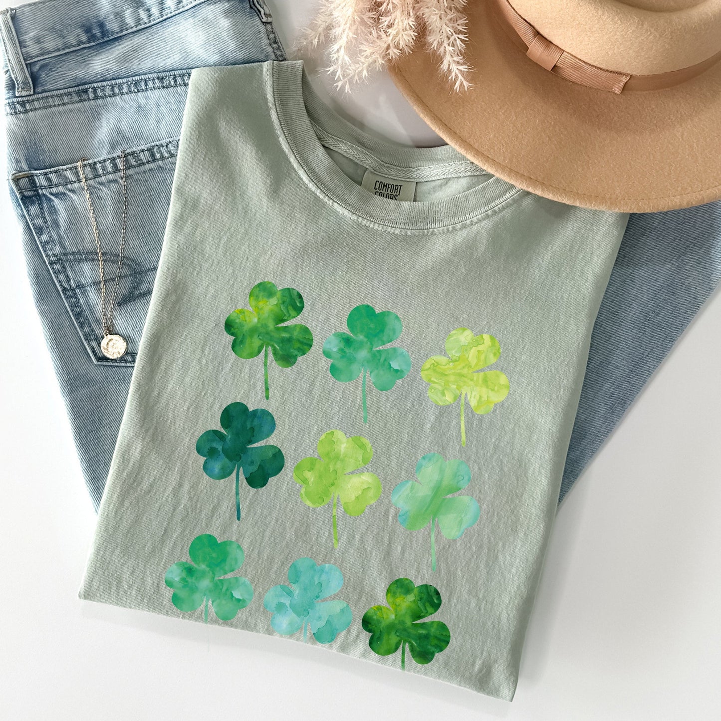 Watercolor Shamrocks In Rows, St Patrick's Day Comfort Colors Tshirt