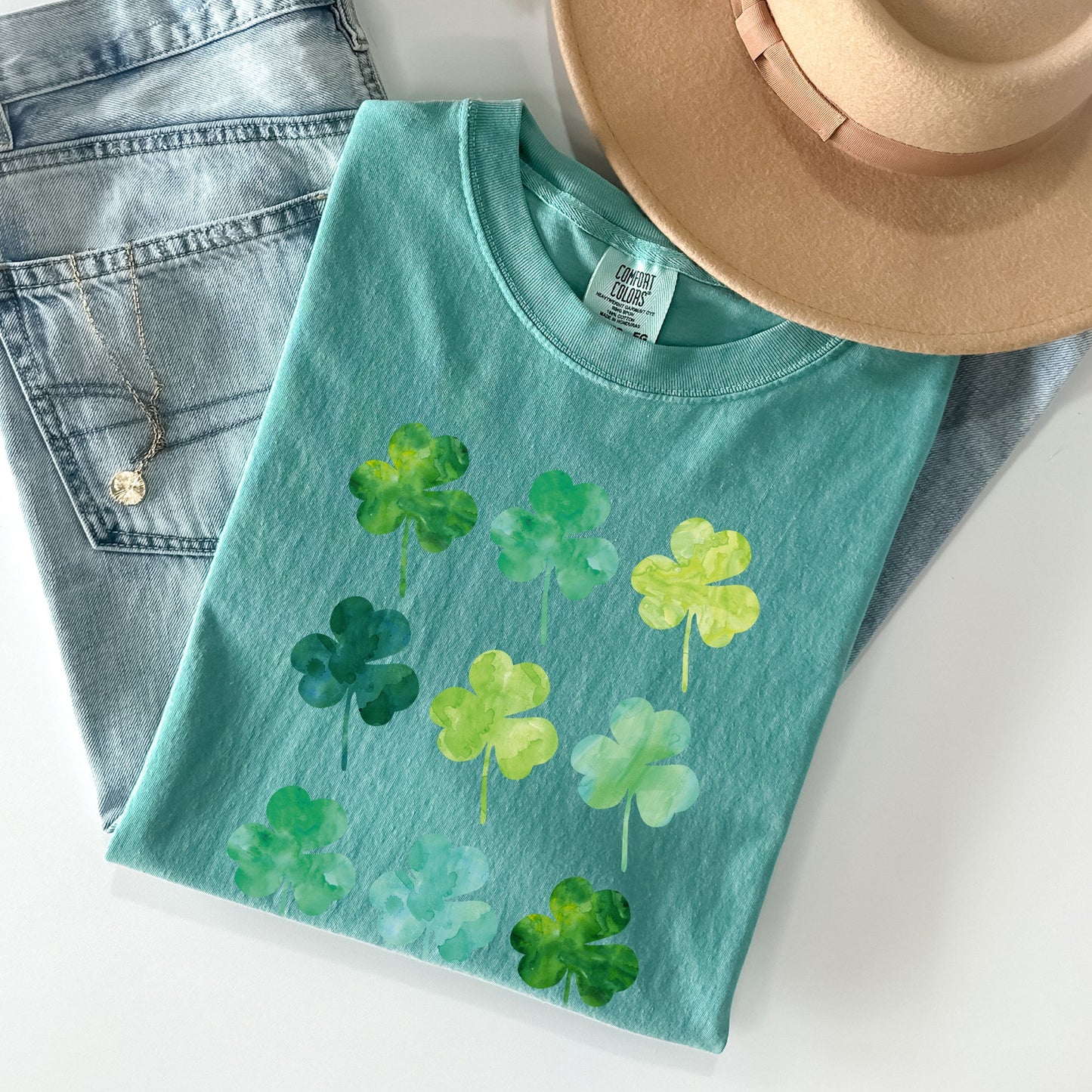 Watercolor Shamrocks In Rows, St Patrick's Day Comfort Colors Tshirt