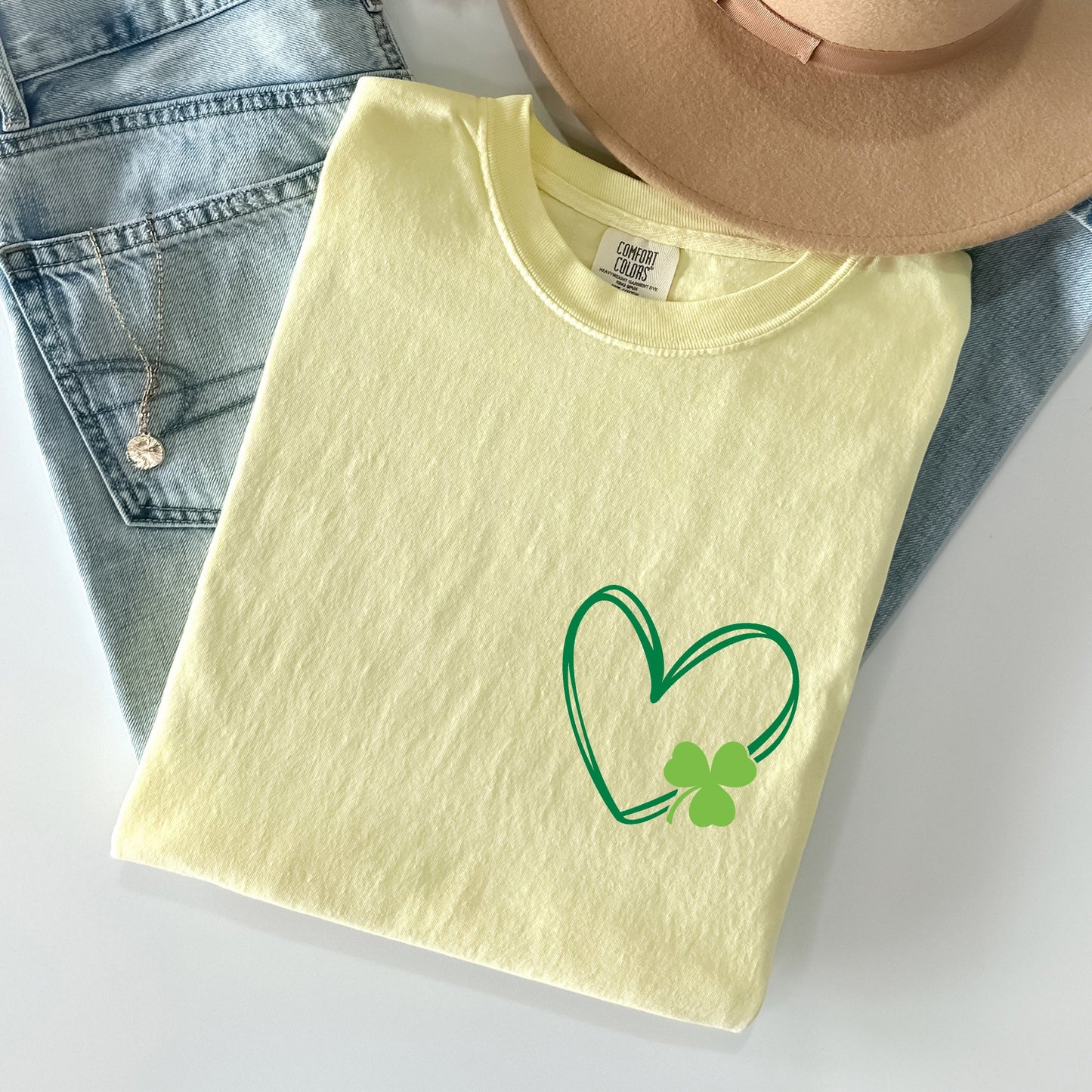 Double Heart With Shamrock, Pocket Print, St Patrick's Day Comfort Colors Tshirt