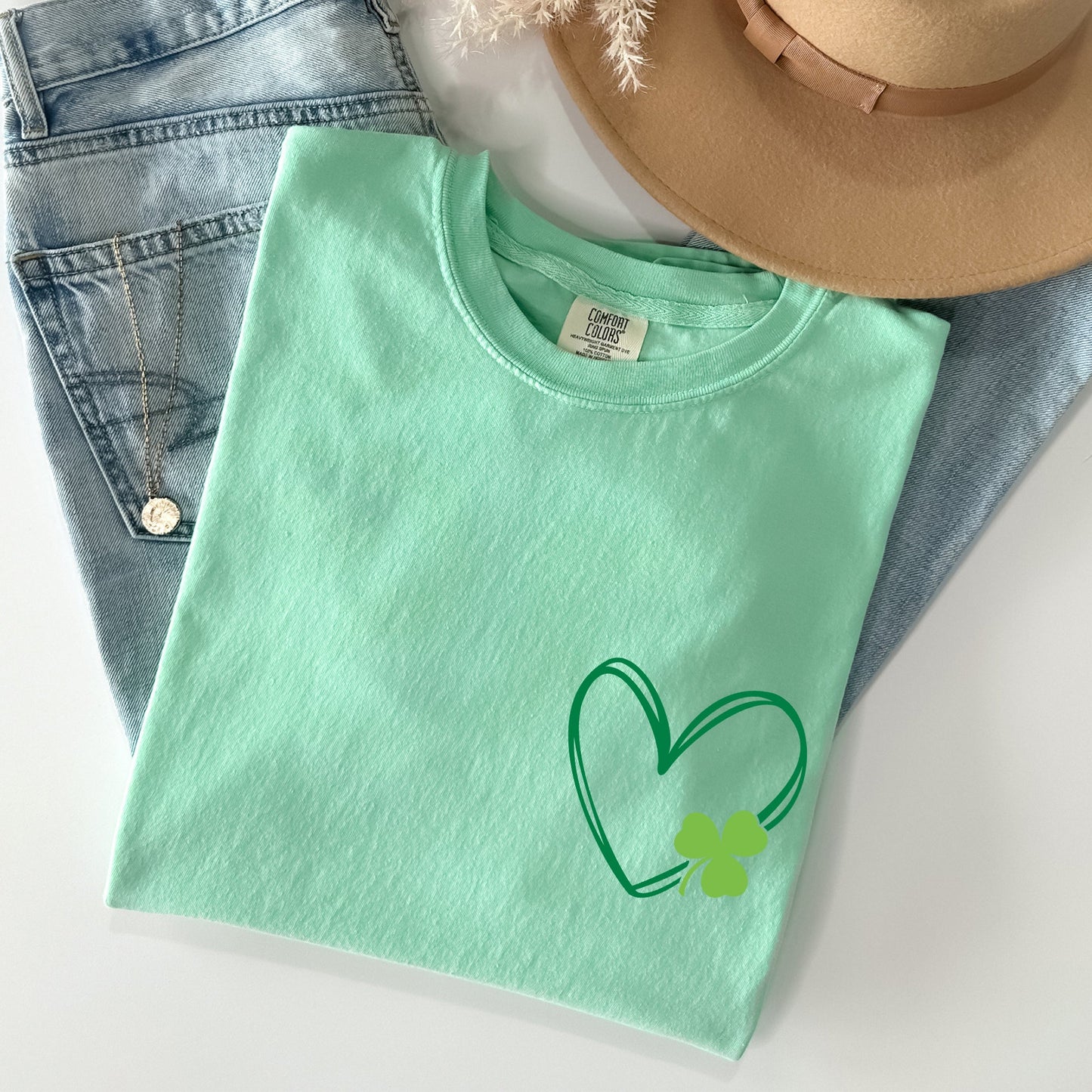Double Heart With Shamrock, Pocket Print, St Patrick's Day Comfort Colors Tshirt