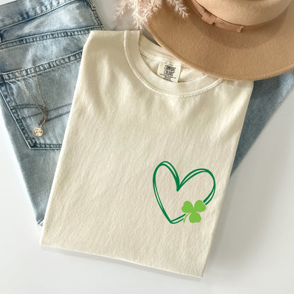 Double Heart With Shamrock, Pocket Print, St Patrick's Day Comfort Colors Tshirt