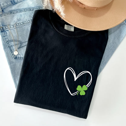 Double Heart With Shamrock, Pocket Print, St Patrick's Day Comfort Colors Tshirt