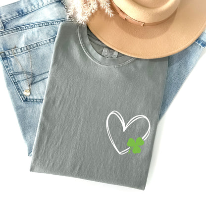 Double Heart With Shamrock, Pocket Print, St Patrick's Day Comfort Colors Tshirt