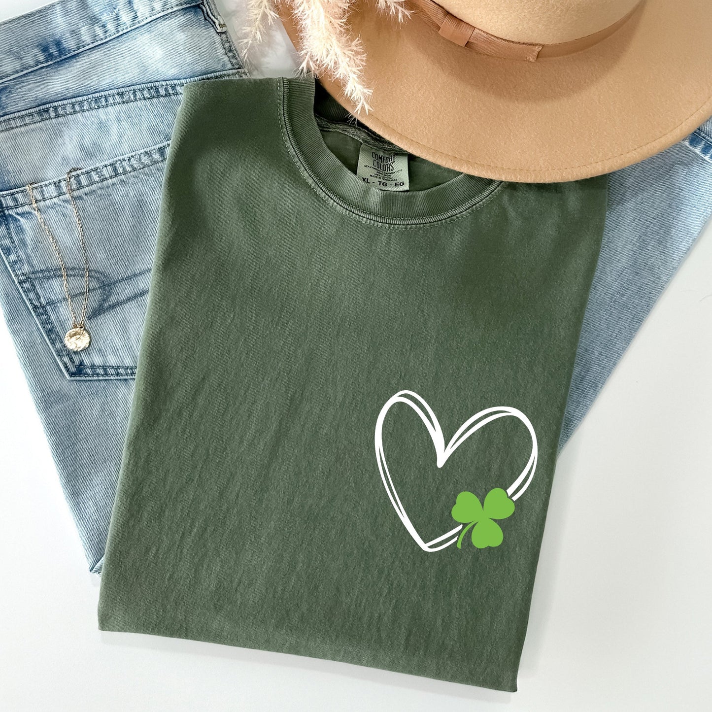Double Heart With Shamrock, Pocket Print, St Patrick's Day Comfort Colors Tshirt