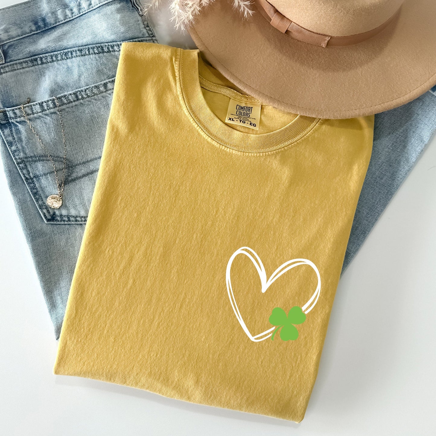 Double Heart With Shamrock, Pocket Print, St Patrick's Day Comfort Colors Tshirt