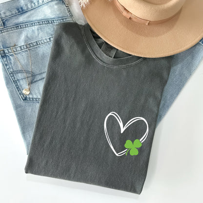 Double Heart With Shamrock, Pocket Print, St Patrick's Day Comfort Colors Tshirt
