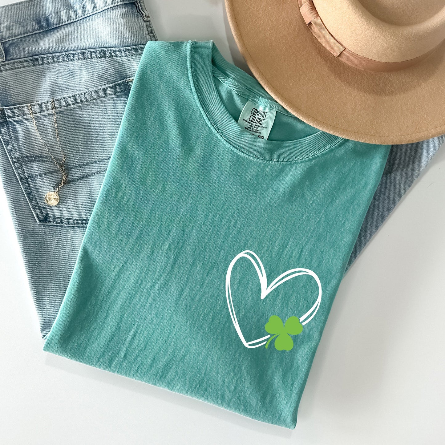Double Heart With Shamrock, Pocket Print, St Patrick's Day Comfort Colors Tshirt