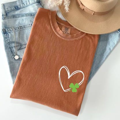 Double Heart With Shamrock, Pocket Print, St Patrick's Day Comfort Colors Tshirt