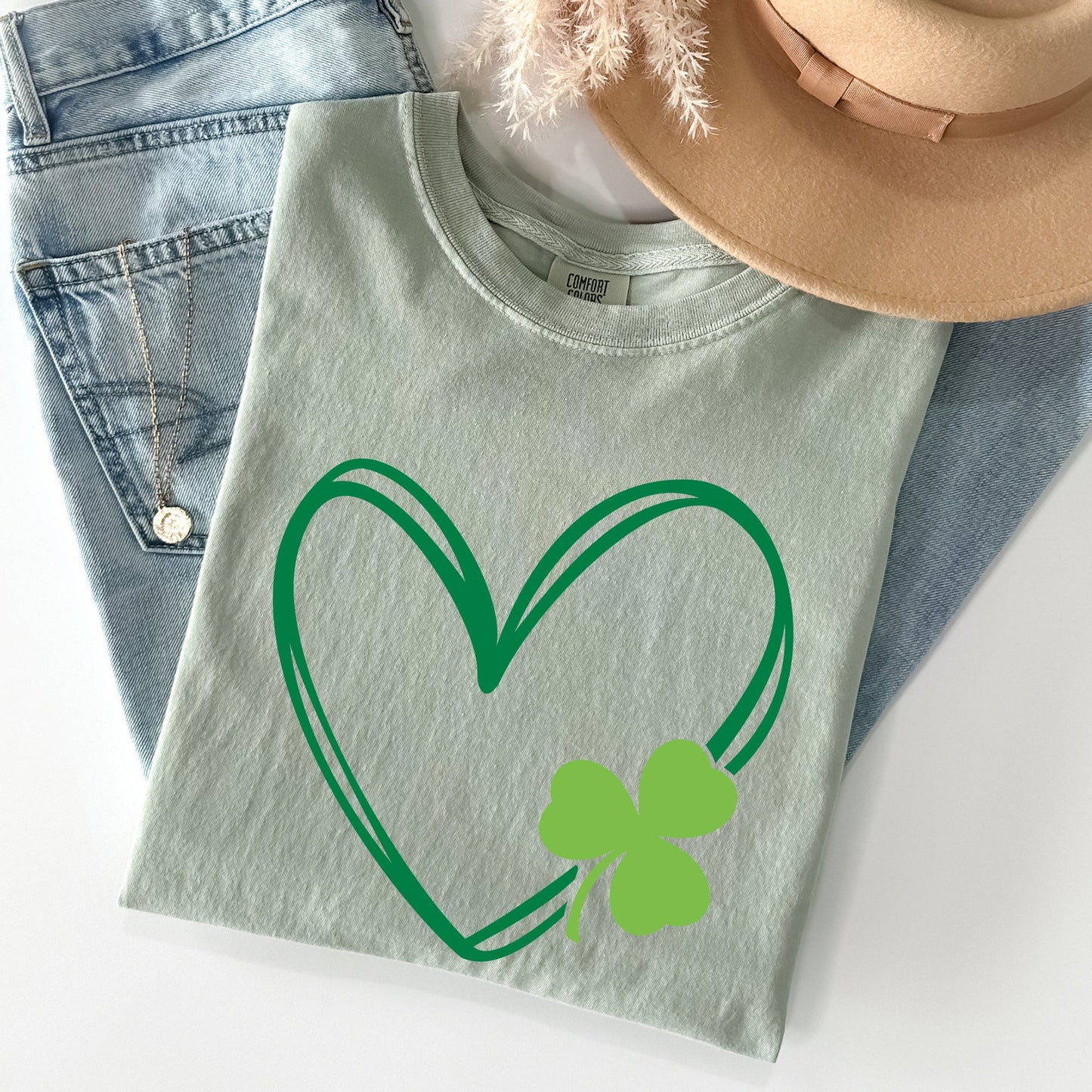 Double Heart With Shamrock, St Patrick's Day Comfort Colors Tshirt
