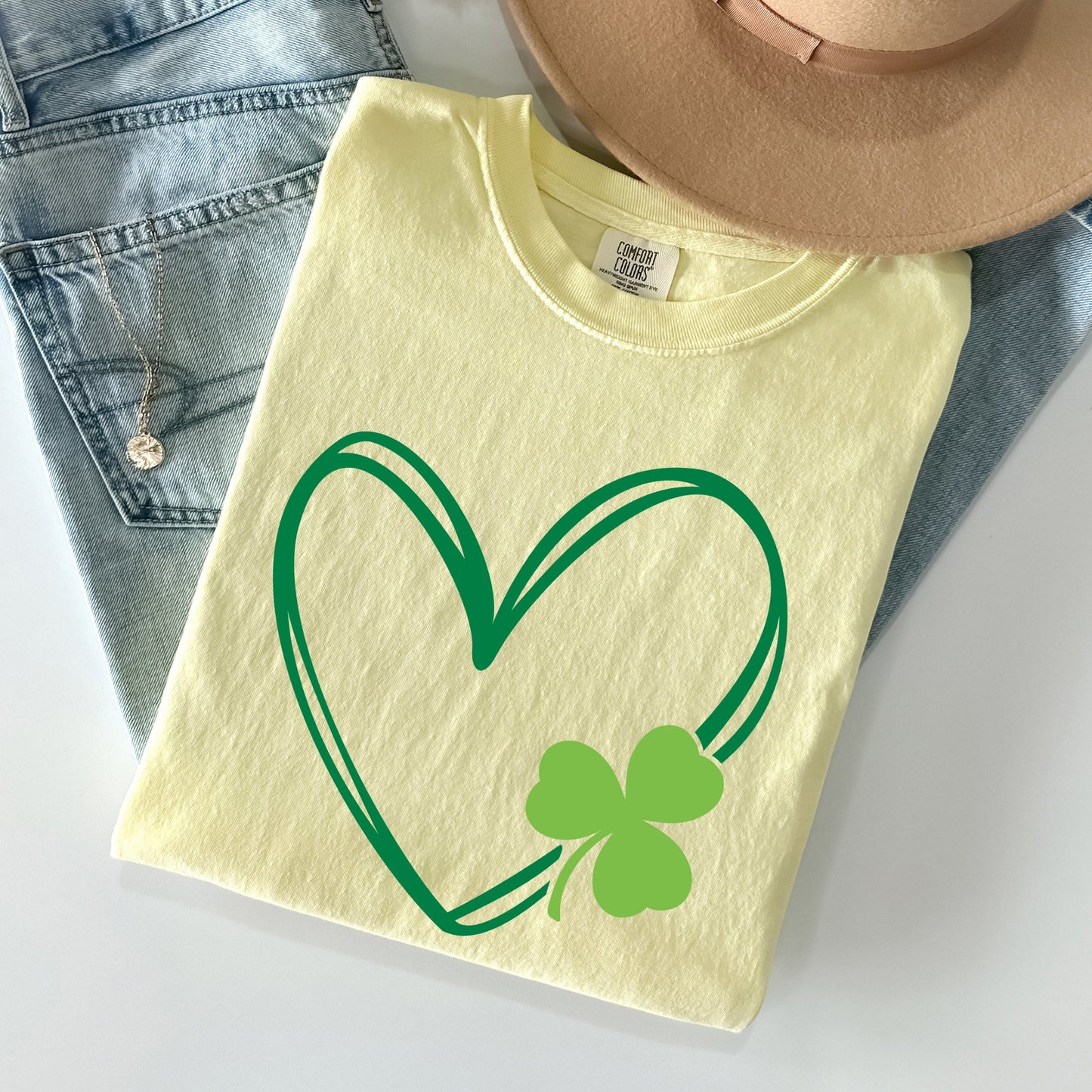 Double Heart With Shamrock, St Patrick's Day Comfort Colors Tshirt