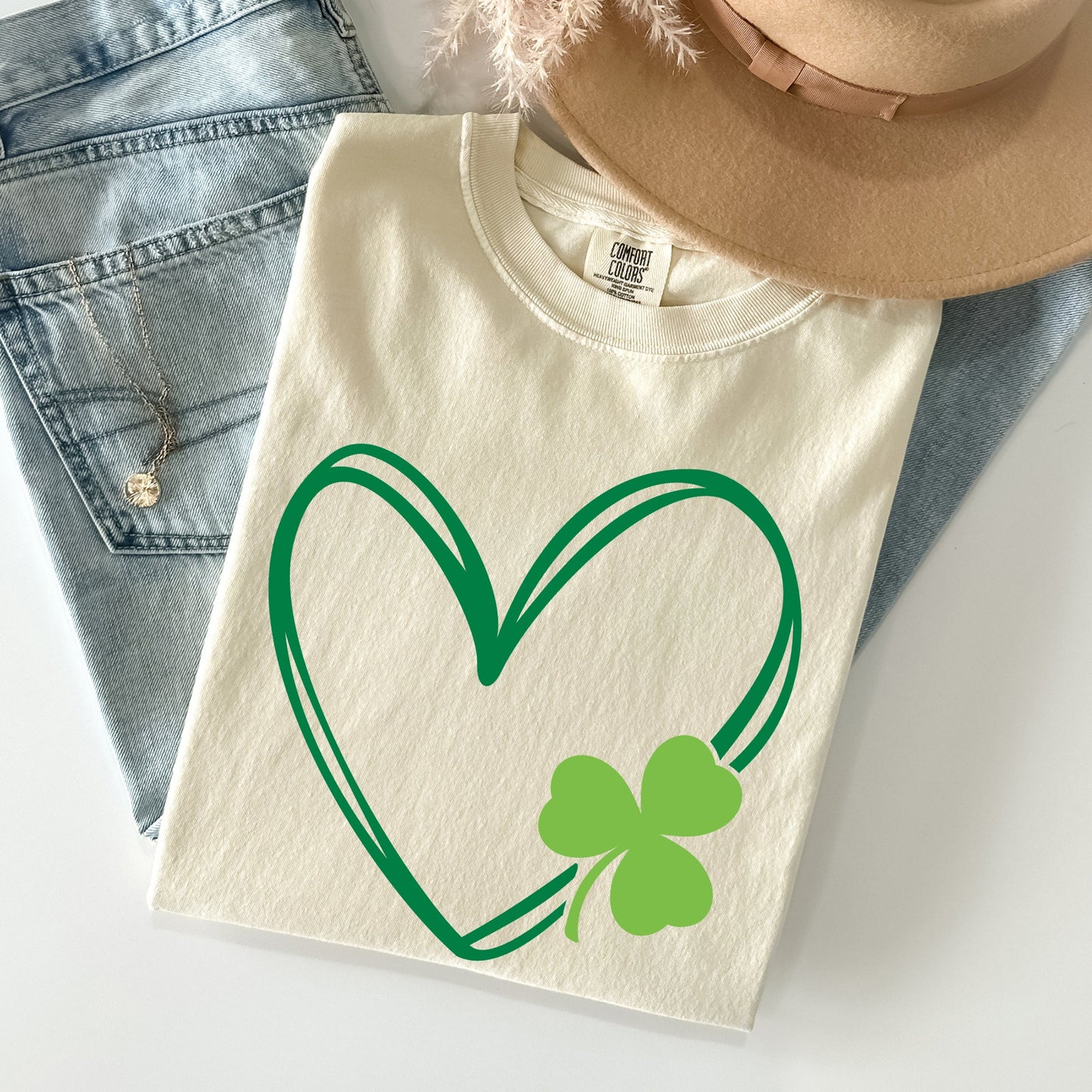 Double Heart With Shamrock, St Patrick's Day Comfort Colors Tshirt