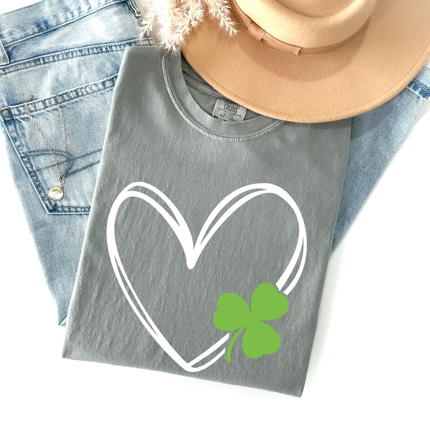 Double Heart With Shamrock, St Patrick's Day Comfort Colors Tshirt