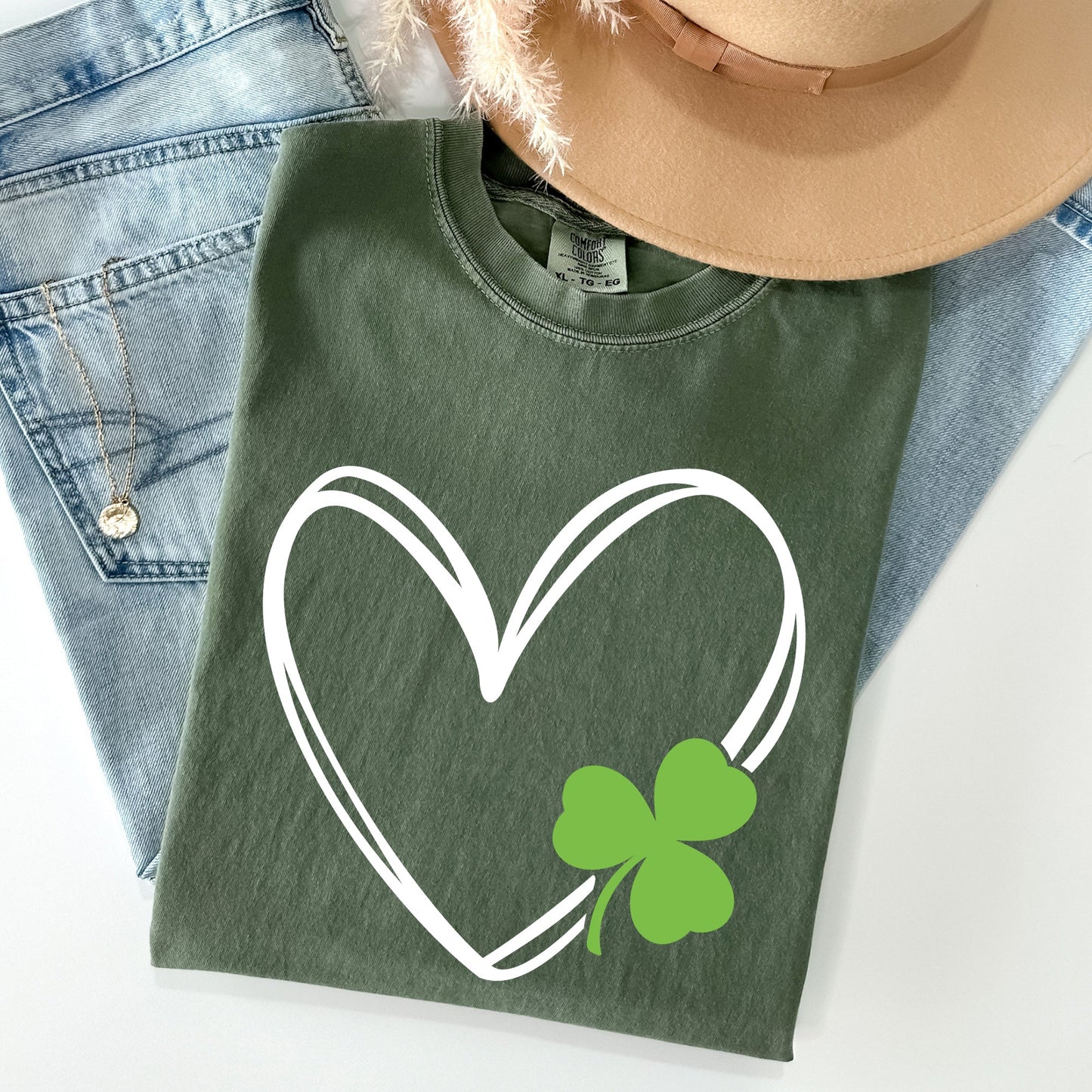 Double Heart With Shamrock, St Patrick's Day Comfort Colors Tshirt