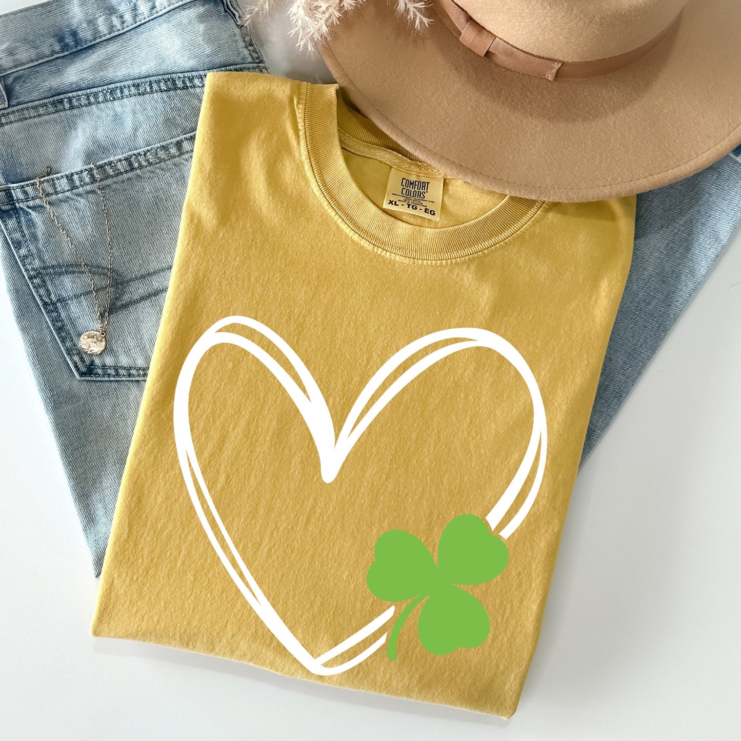 Double Heart With Shamrock, St Patrick's Day Comfort Colors Tshirt