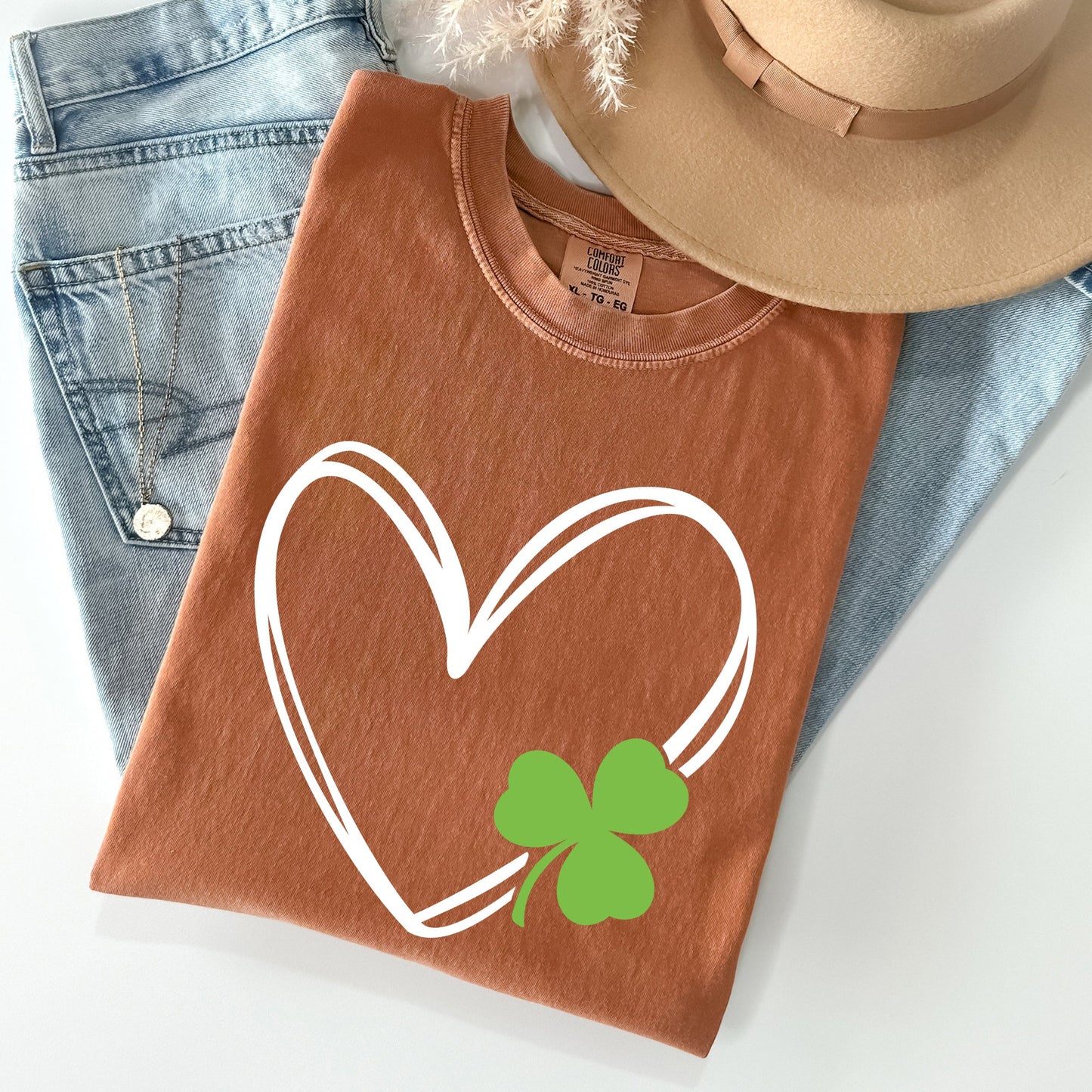 Double Heart With Shamrock, St Patrick's Day Comfort Colors Tshirt