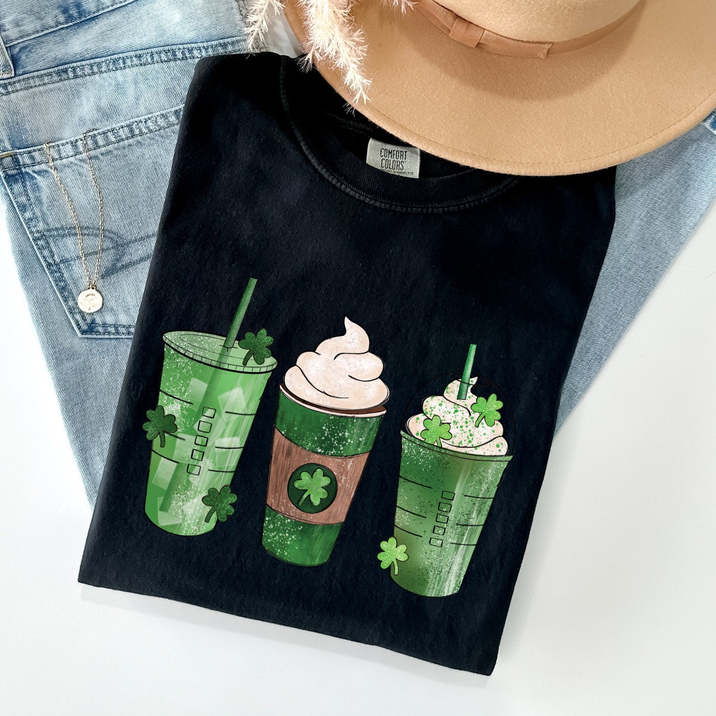 Iced Coffees, Drinks, Shamrocks, St Patrick's Day Comfort Colors Tshirt