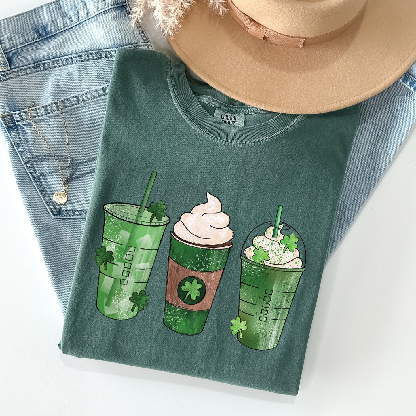 Iced Coffees, Drinks, Shamrocks, St Patrick's Day Comfort Colors Tshirt