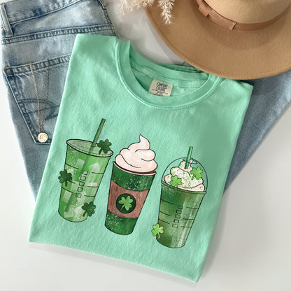 Iced Coffees, Drinks, Shamrocks, St Patrick's Day Comfort Colors Tshirt
