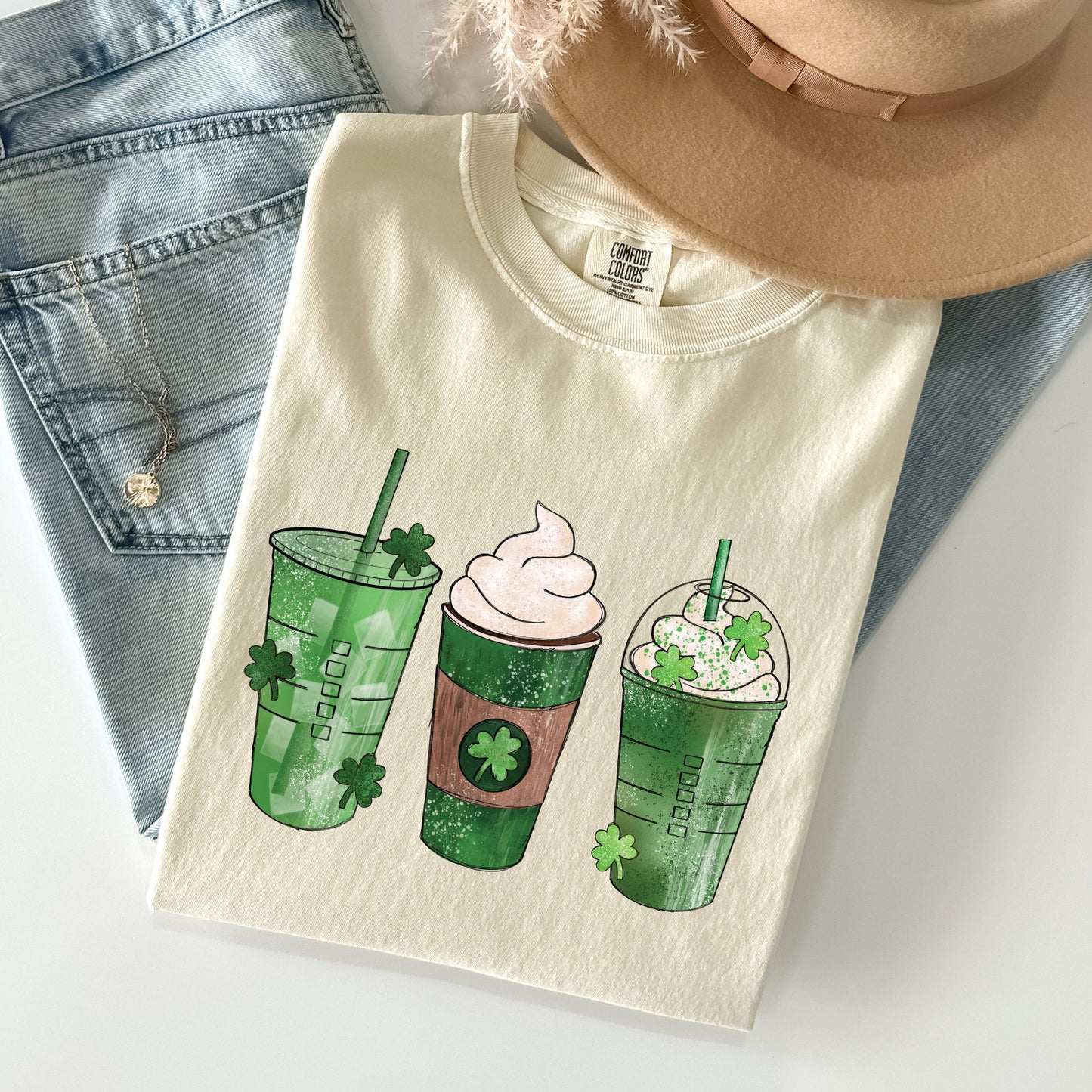 Iced Coffees, Drinks, Shamrocks, St Patrick's Day Comfort Colors Tshirt